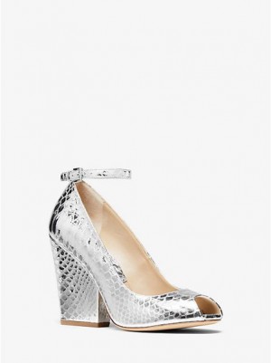 Décolleté Michael Kors Julianne Metallic Python-embossed Pelle Peep-toe Donna Argento | 680325-CKW