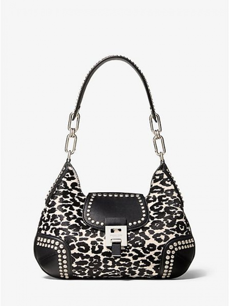 Borse A Tracolla Michael Kors Bancroft Medium Leopard Calf Hair And Studded Pelle Donna Bianche | 351892-QJL