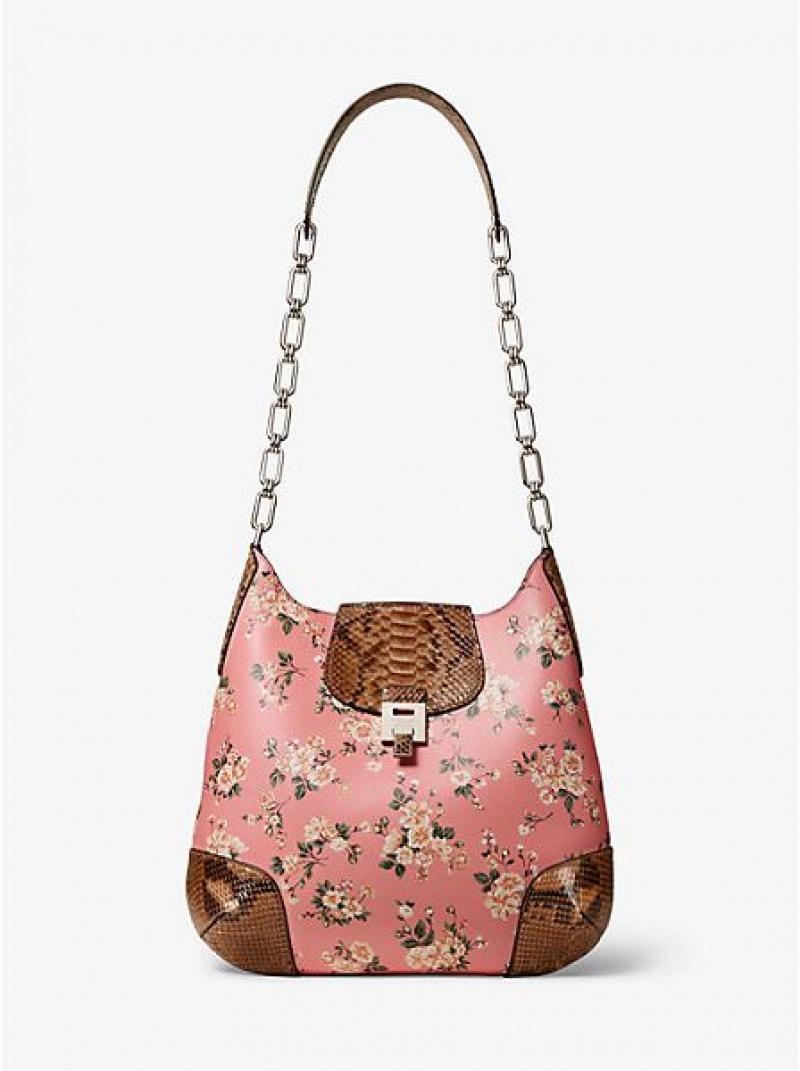 Borse A Tracolla Michael Kors Bancroft Oversized Floral Calf Pelle And Python Donna Rosa Marroni | 182479-JFD