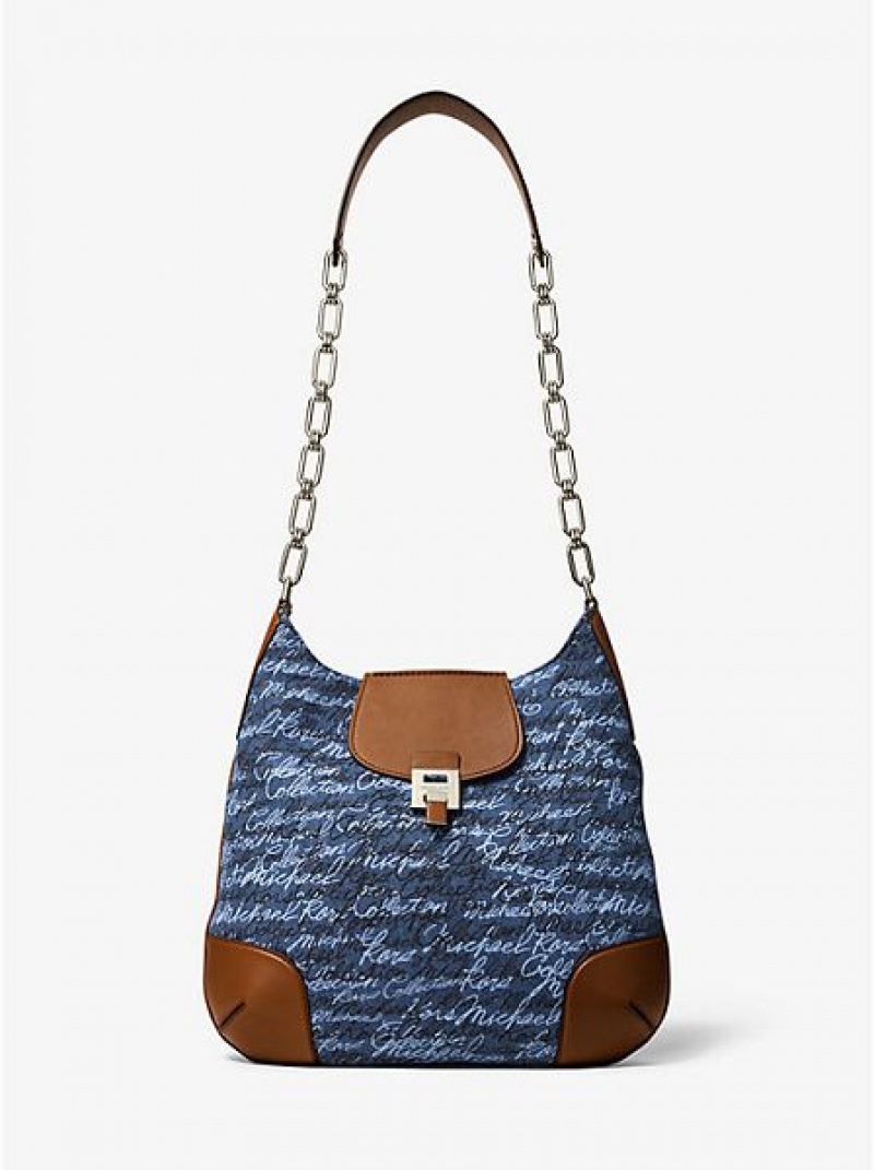 Borse A Tracolla Michael Kors Bancroft Oversized Signature Print Denim Donna Blu | 896302-UHI