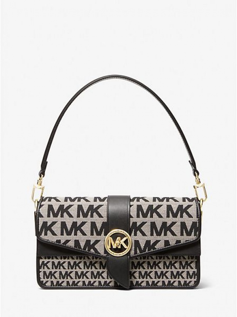 Borse A Tracolla Michael Kors Greenwich Medium Logo Jacquard Donna Beige Nere | 415687-FTI