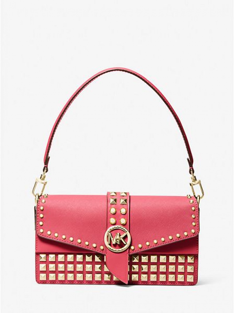 Borse A Tracolla Michael Kors Greenwich Medium Studded Saffiano Pelle Donna Rosse | 680593-LZO