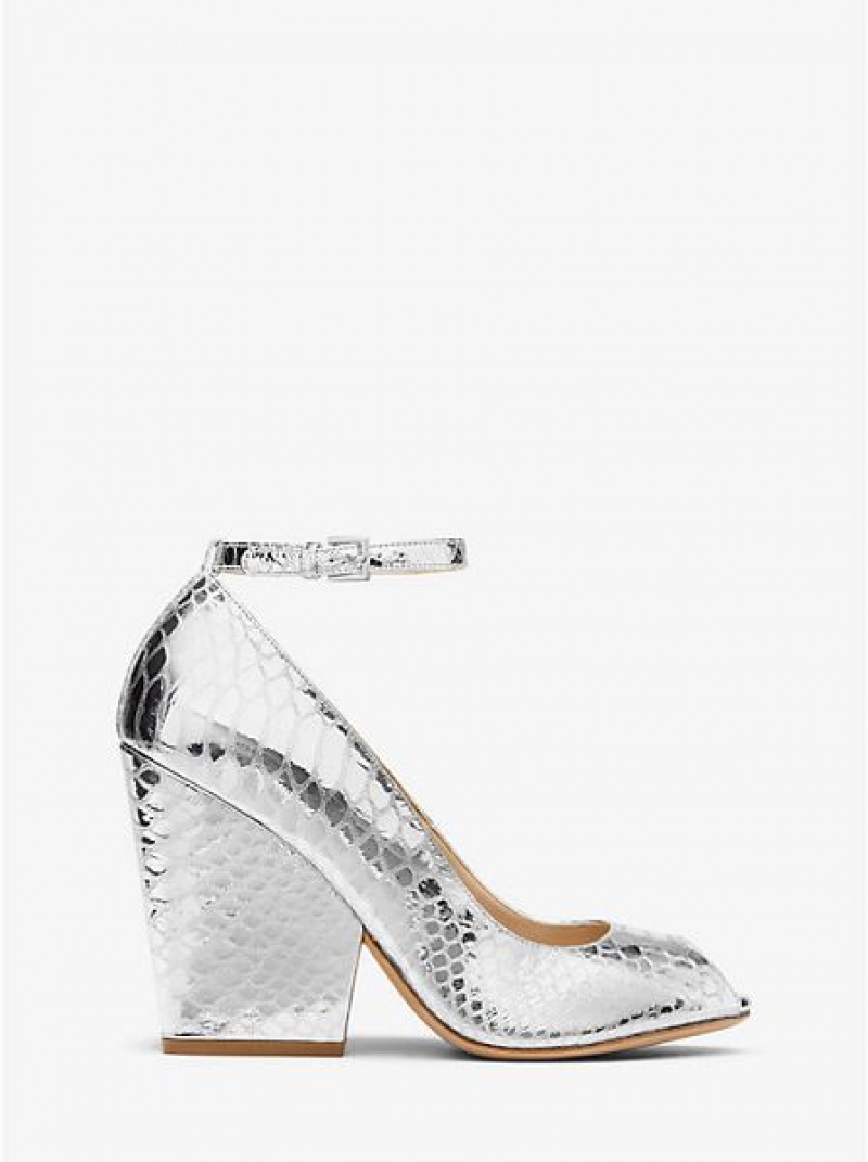 Décolleté Michael Kors Julianne Metallic Python-embossed Pelle Peep-toe Donna Argento | 680325-CKW