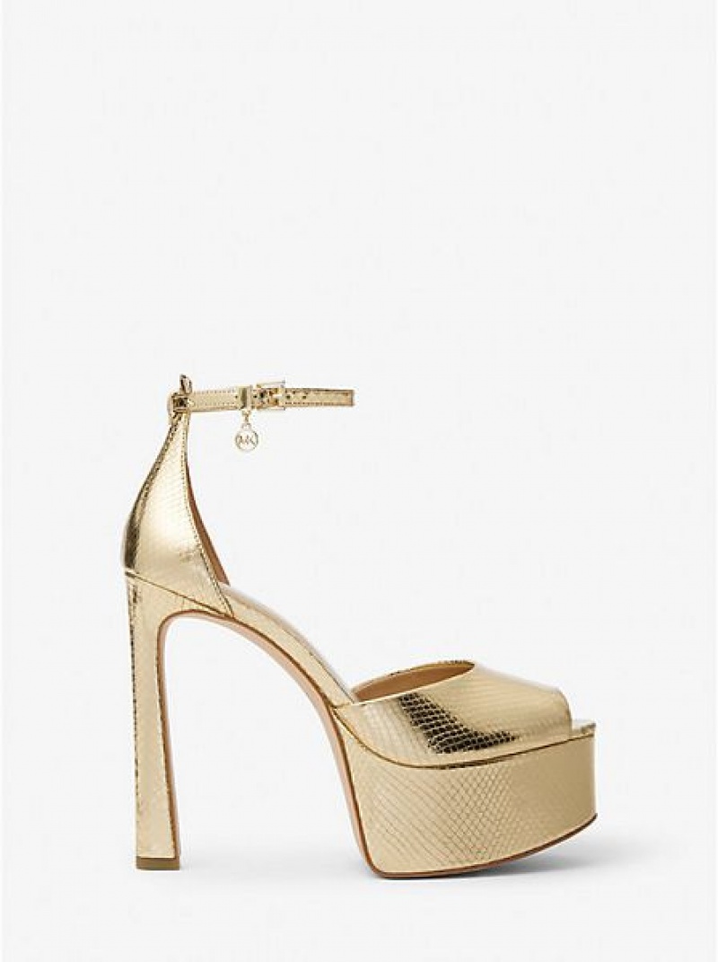 Décolleté Michael Kors Martina Metallic Snake Embossed Pelle Peep-toe Platform Donna Oro | 893426-DQM