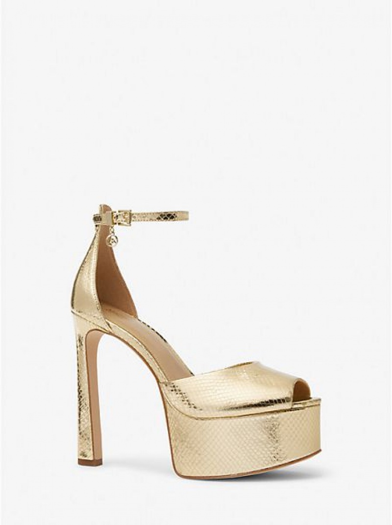 Décolleté Michael Kors Martina Metallic Snake Embossed Pelle Peep-toe Platform Donna Oro | 893426-DQM