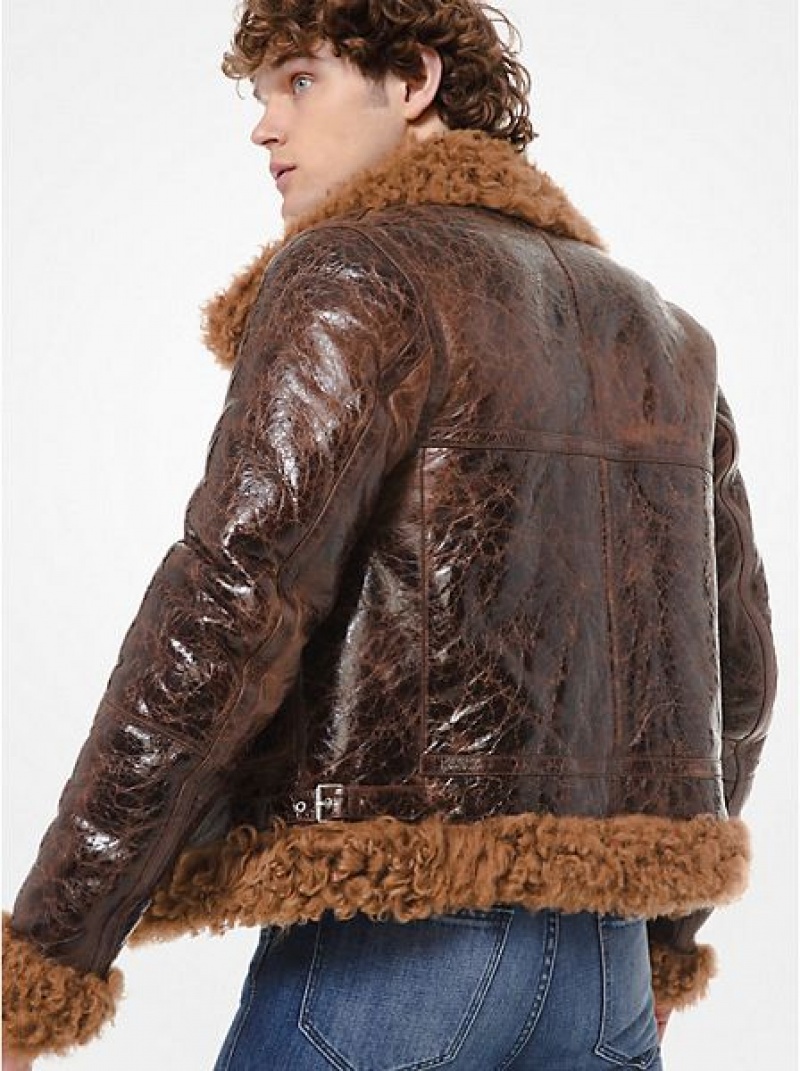 Giacche Michael Kors Distressed Verniciata Pelle Shearling Uomo Marroni | 083549-ESA