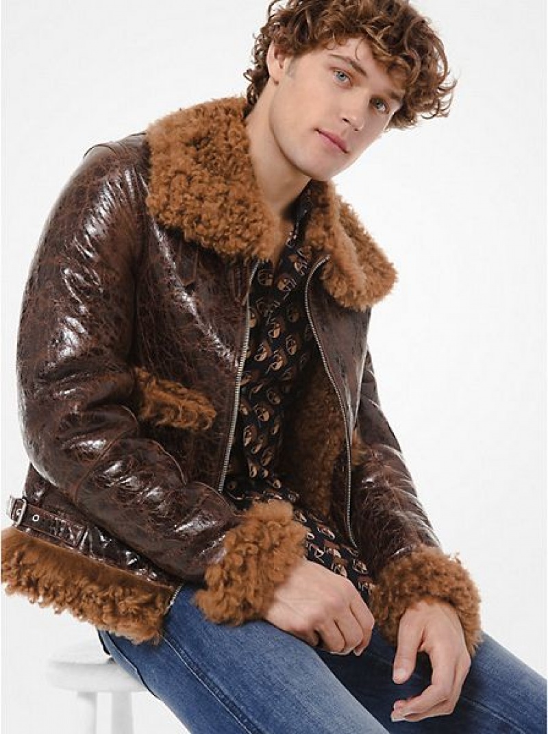 Giacche Michael Kors Distressed Verniciata Pelle Shearling Uomo Marroni | 083549-ESA