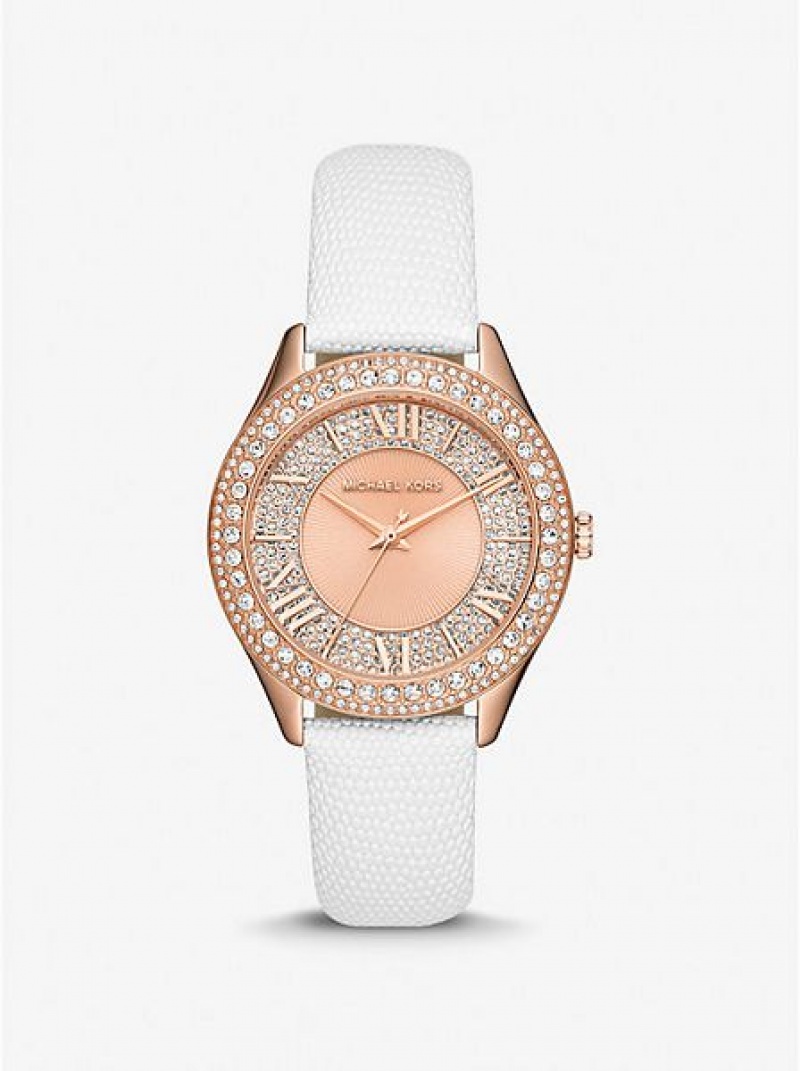 Orologi Michael Kors Harlowe Pave And Lizard Embossed Pelle Cinturino Donna Rosa Oro | 874309-JIL