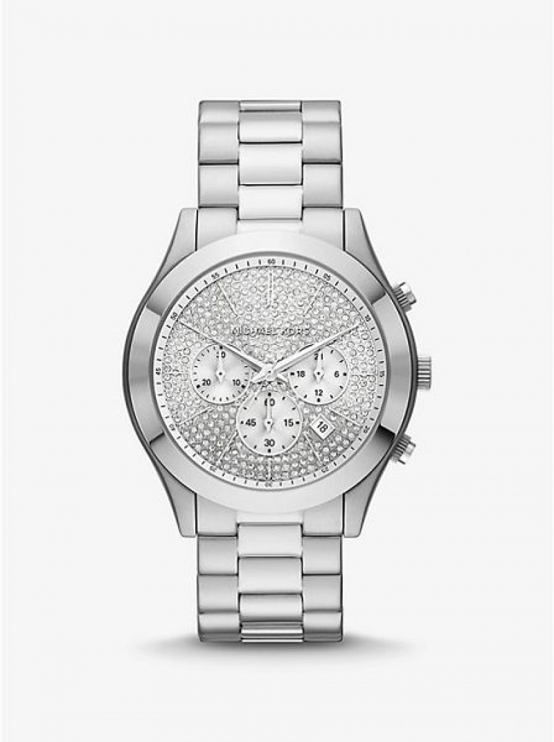 Orologi Michael Kors Oversized Slim Runway Pave Donna Argento | 349075-JUX