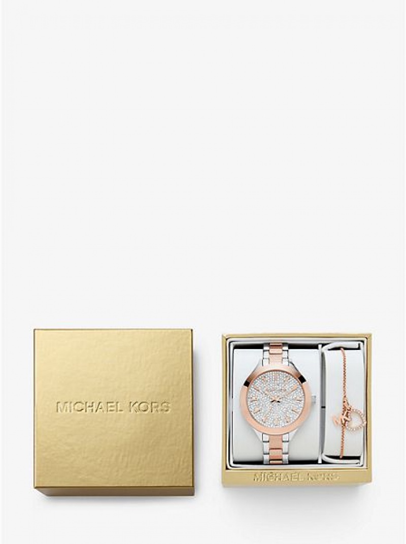 Orologi Michael Kors Pave And Heart Bracelet Set Donna Argento Rosa | 487503-UXD