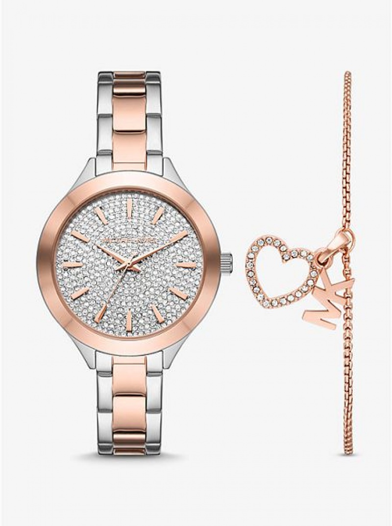 Orologi Michael Kors Pave And Heart Bracelet Set Donna Argento Rosa | 487503-UXD