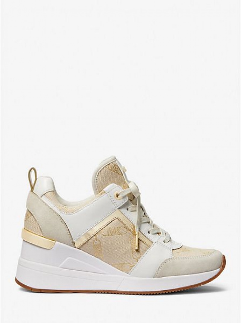 Sneakers Michael Kors Georgie Metallic Empire Logo Jacquard And Pelle Donna Oro Beige | 485917-BCF