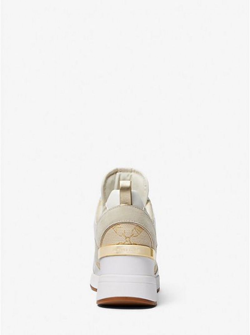 Sneakers Michael Kors Georgie Metallic Empire Logo Jacquard And Pelle Donna Oro Beige | 485917-BCF