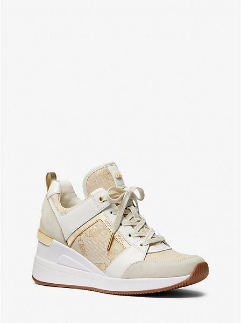 Sneakers Michael Kors Georgie Metallic Empire Logo Jacquard And Pelle Donna Oro Beige | 485917-BCF