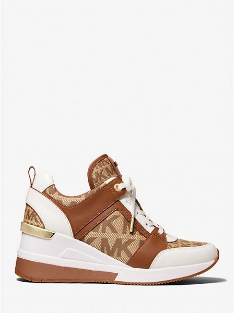 Sneakers Michael Kors Georgie Pelle And Logo Jacquard Donna Beige Marroni | 297510-WVP