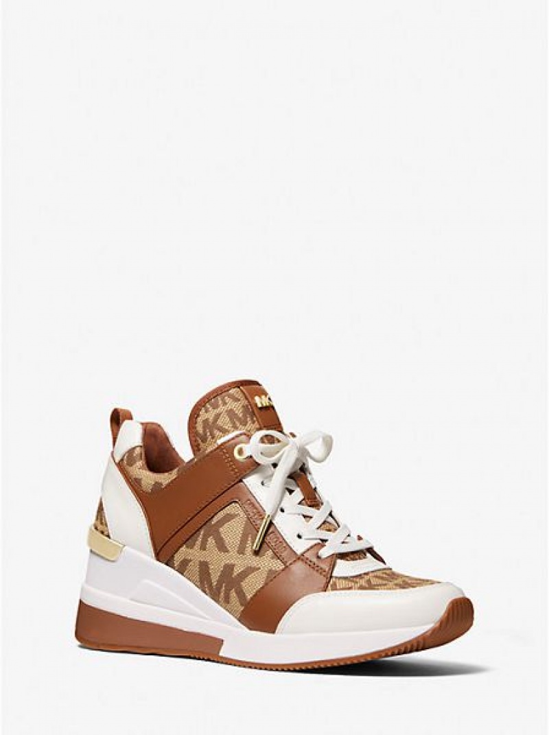 Sneakers Michael Kors Georgie Pelle And Logo Jacquard Donna Beige Marroni | 297510-WVP